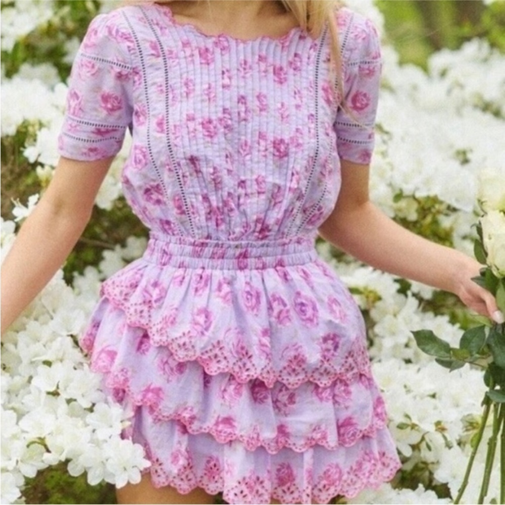 NWT LoveShackFancy Mavis Lilac Fusion Purple Rose Floral Mini Tiered Dress Small - Picture 1 of 16
